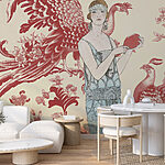 Papier peint Femme en robe bleue tenant un objet rouge