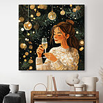 Tableaux Femme tenant une coupe de champagne sous un arbre de Noël
