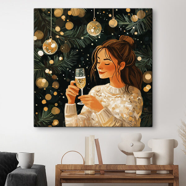 Femme tenant une coupe de champagne sous un arbre de Noël Tableaux Femme tenant une coupe de champagne sous un arbre de Noël