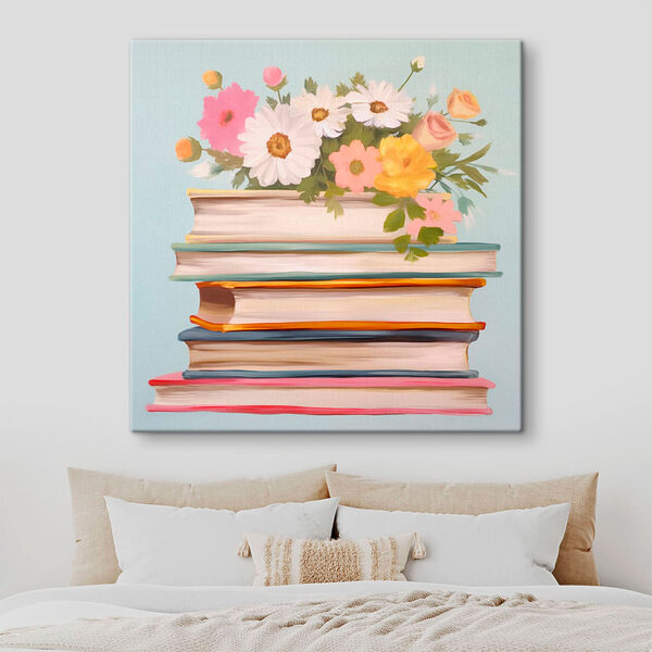 Peinture d'une pile de livres avec des fleurs sur le dessus Tableaux Peinture d'une pile de livres avec des fleurs sur le dessus