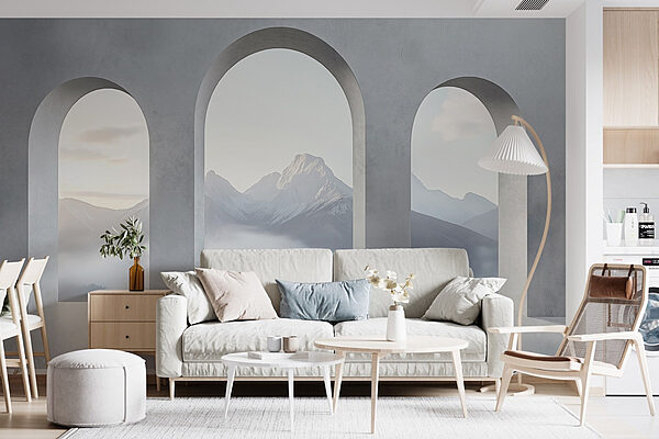 Chambre blanche avec fenêtres cintrées et montagnes en arrière-plan Papier peint Chambre blanche avec fenêtres cintrées et montagnes en arrière-plan