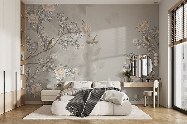 Papier peint avec des oiseaux sur une branche d'arbre Papier peint Papier peint avec des oiseaux sur une branche d'arbre