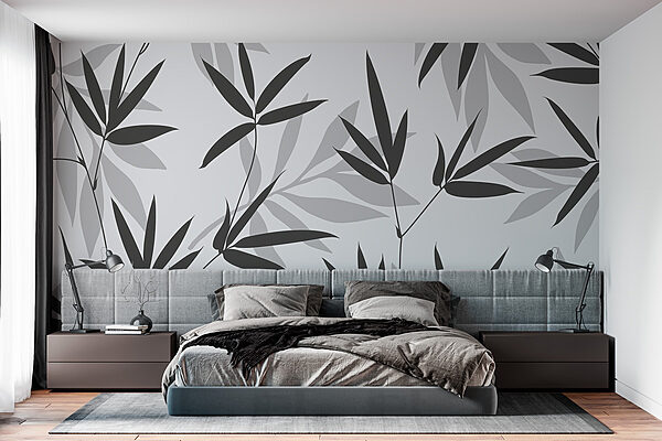 Motif de feuilles en noir et blanc Papier peint Motif de feuilles en noir et blanc