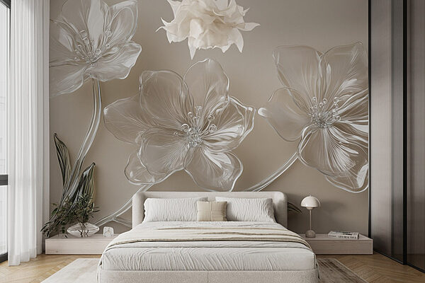 Fleurs en verre sur une surface blanche Papier peint Fleurs en verre sur une surface blanche