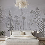 Papier peint Fond gris et blanc avec plantes et montagnes
