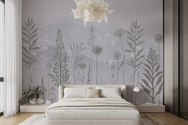 Fond gris et blanc avec plantes et montagnes Papier peint Fond gris et blanc avec plantes et montagnes