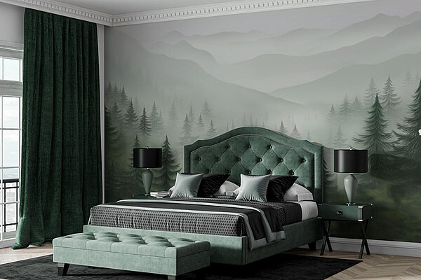 Paysage brumeux avec arbres et montagnes Papier peint Paysage brumeux avec arbres et montagnes