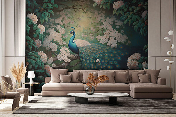 Peinture d'un paon sur une branche d'arbre Papier peint Peinture d'un paon sur une branche d'arbre