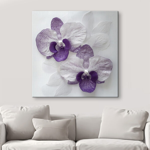 Fleurs violettes et blanches sur une surface blanche Tableaux Fleurs violettes et blanches sur une surface blanche