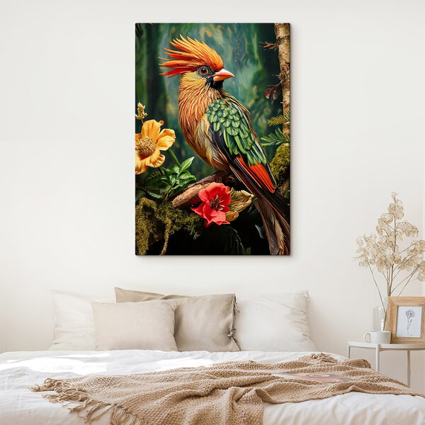 Oiseau coloré assis sur une branche avec des fleurs Tableaux Oiseau coloré assis sur une branche avec des fleurs