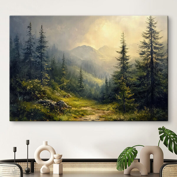 Peinture d'une forêt avec des montagnes et des arbres Tableaux Peinture d'une forêt avec des montagnes et des arbres