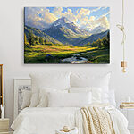 Tableaux Rivière coulant dans une vallée avec des montagnes en arrière-plan