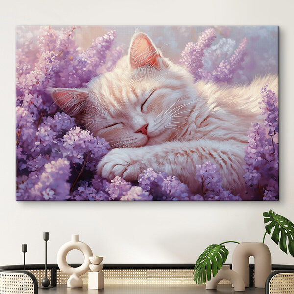 Chat dormant dans un parterre de fleurs Tableaux Chat dormant dans un parterre de fleurs