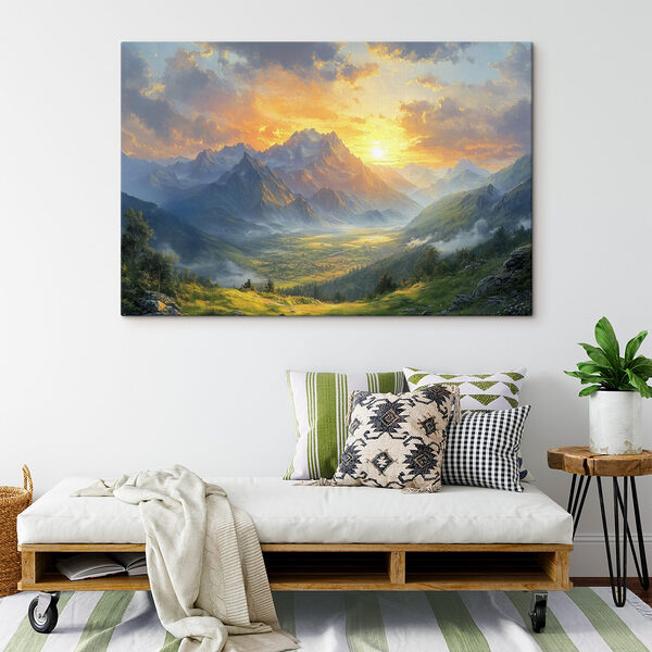 Paysage de montagnes et de vallée avec nuages et soleil Tableaux Paysage de montagnes et de vallée avec nuages et soleil