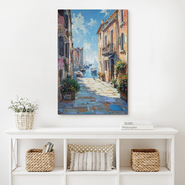 Peinture d'une rue avec des bateaux et des bâtiments Tableaux Peinture d'une rue avec des bateaux et des bâtiments