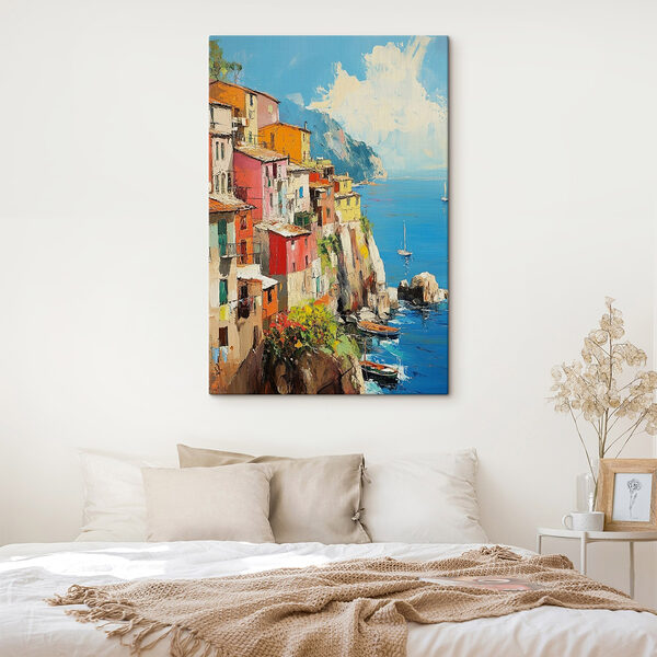 Peinture d'une ville colorée sur une falaise au bord de l'eau Tableaux Peinture d'une ville colorée sur une falaise au bord de l'eau