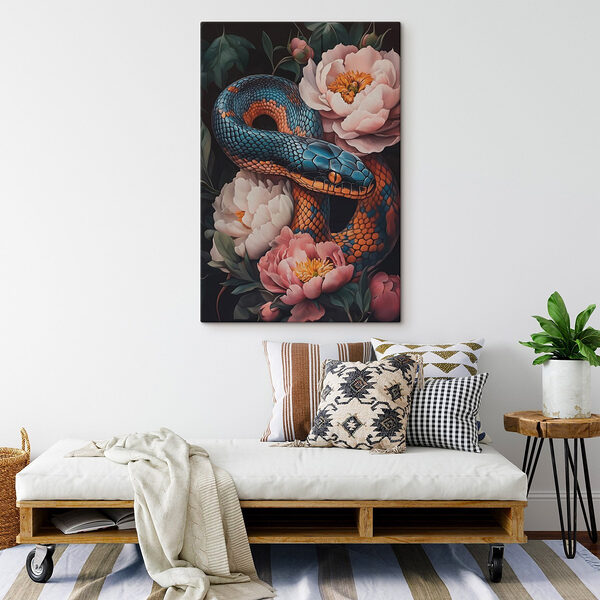 Serpent bleu et orange avec fleurs Tableaux Serpent bleu et orange avec fleurs