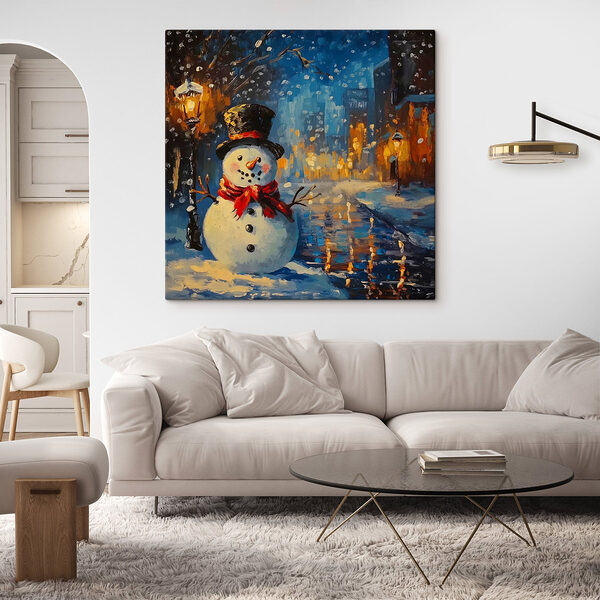 Bonhomme de neige dans une ville enneigée Tableaux Bonhomme de neige dans une ville enneigée