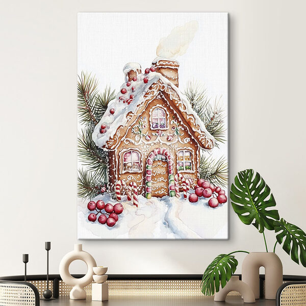 Maison en pain d'épices avec cannes à sucre et branches de pin Tableaux Maison en pain d'épices avec cannes à sucre et branches de pin