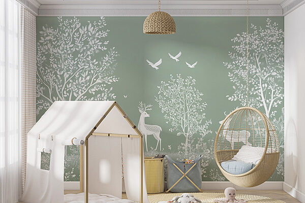 Papier peint Papier peint Cerf blanc et oiseaux dans un champ (UGS : w02444)