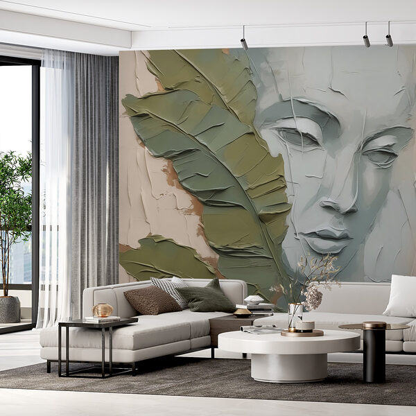Peinture d'un visage et d'une feuille Papier peint Peinture d'un visage et d'une feuille