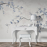 Papier peint Branche avec fleurs et feuilles bleues