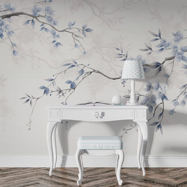 Branche avec fleurs et feuilles bleues Papier peint Branche avec fleurs et feuilles bleues