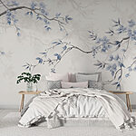 Papier peint Branche avec fleurs et feuilles bleues