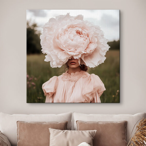 Femme en robe avec une grande fleur sur le visage Tableaux Femme en robe avec une grande fleur sur le visage
