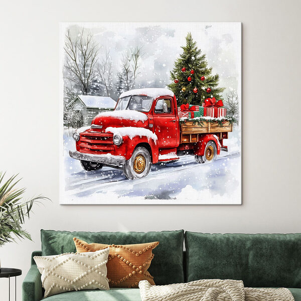 Camion rouge avec un sapin de Noël à l'arrière Tableaux Camion rouge avec un sapin de Noël à l'arrière