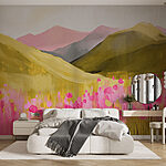 Papier peint Peinture d'un champ de fleurs roses