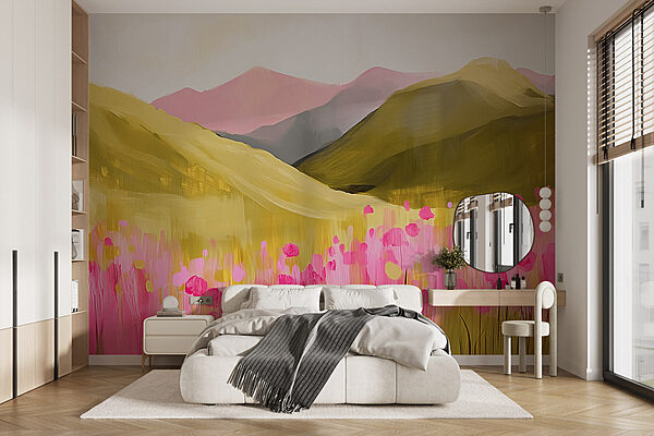 Peinture d'un champ de fleurs roses Papier peint Peinture d'un champ de fleurs roses