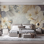 Papier peint Fleurs et feuilles blanches