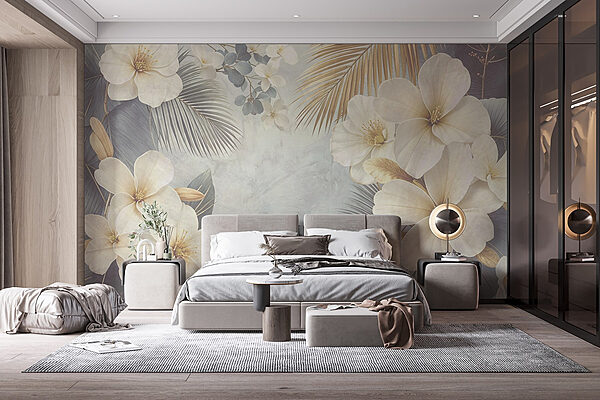 Fleurs et feuilles blanches Papier peint Fleurs et feuilles blanches
