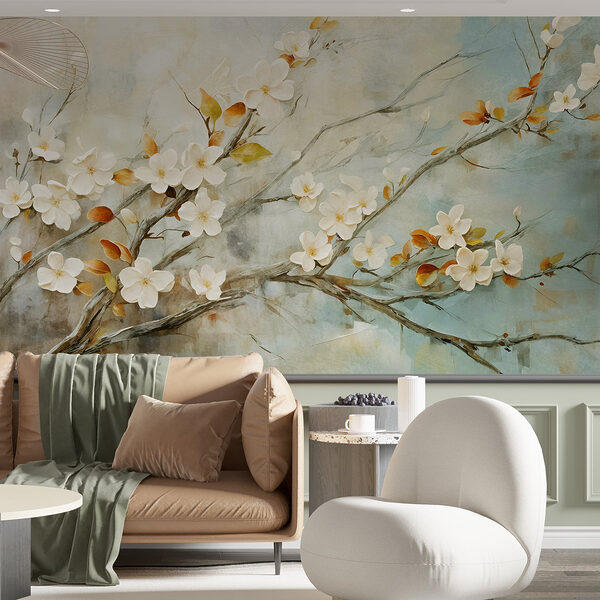 Papier peint Peinture d'une branche avec des fleurs blanches
