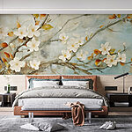 Papier peint Peinture d'une branche avec des fleurs blanches