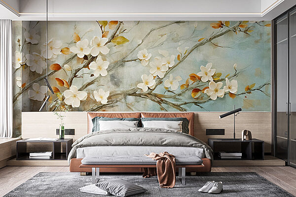 Peinture d'une branche avec des fleurs blanches Papier peint Peinture d'une branche avec des fleurs blanches