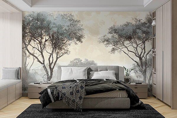 Paysage brumeux avec arbres et plantes Papier peint Paysage brumeux avec arbres et plantes