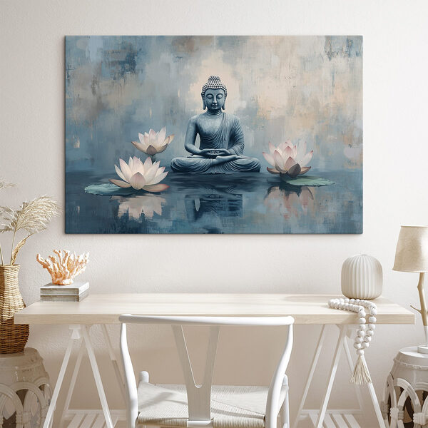 Statue d'un bouddha assis en position de lotus entouré d'eau Tableaux Statue d'un bouddha assis en position de lotus entouré d'eau