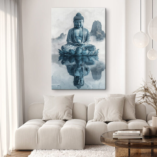 Statue d'une personne assise sur une fleur de lotus dans l'eau Tableaux Statue d'une personne assise sur une fleur de lotus dans l'eau