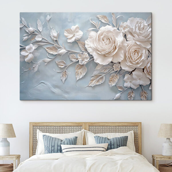 Fleurs et feuilles blanches sur fond bleu Tableaux Fleurs et feuilles blanches sur fond bleu