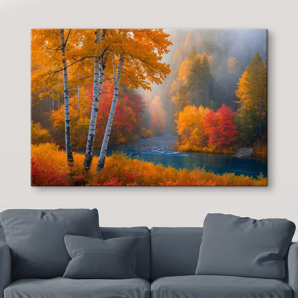 Rivière avec arbres et feuilles colorées Tableaux Rivière avec arbres et feuilles colorées
