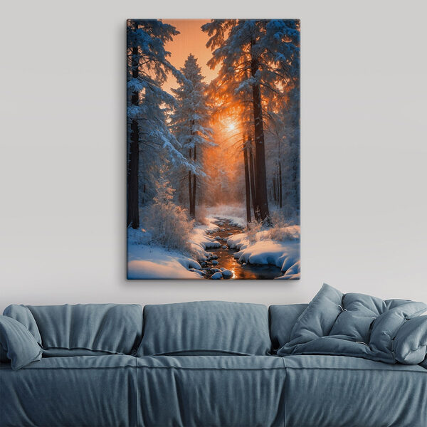 Forêt enneigée avec des arbres et un ruisseau Tableaux Forêt enneigée avec des arbres et un ruisseau