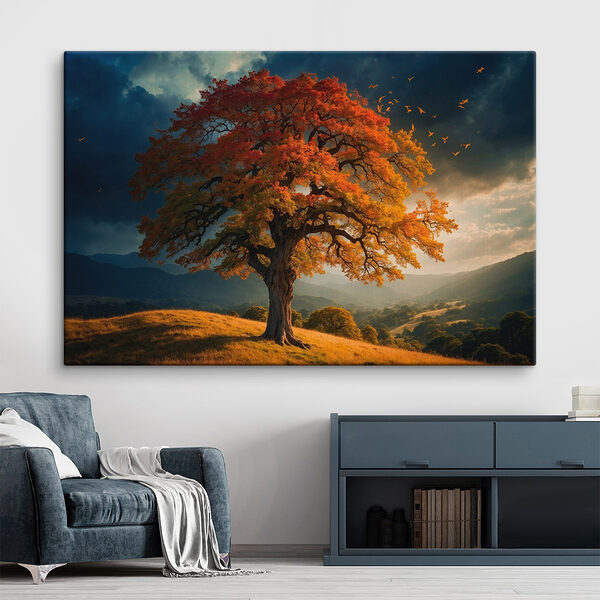 Arbre aux feuilles orange et jaunes sur une colline Tableaux Arbre aux feuilles orange et jaunes sur une colline