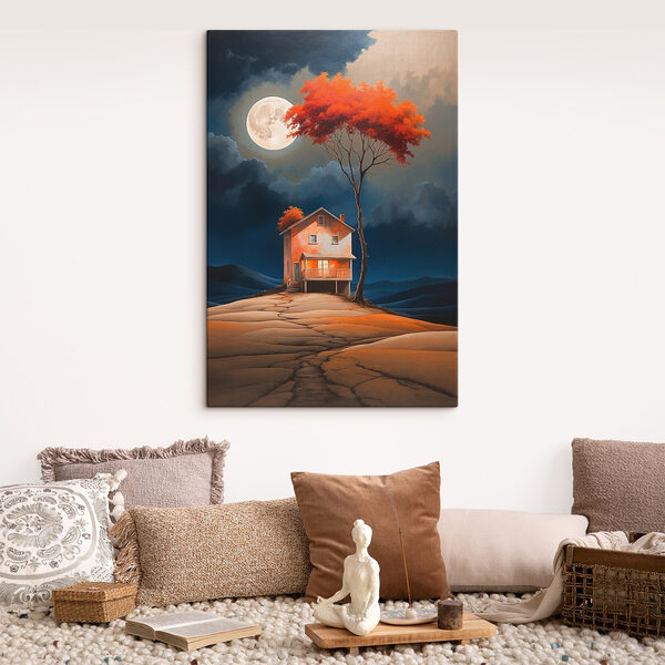 Peinture d'une maison avec un arbre et une lune dans le ciel Tableaux Peinture d'une maison avec un arbre et une lune dans le ciel