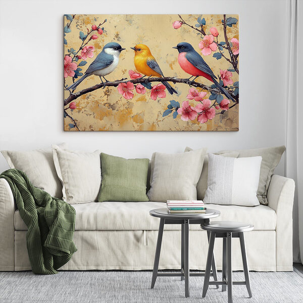 Groupe d'oiseaux sur une branche avec des fleurs Tableaux Groupe d'oiseaux sur une branche avec des fleurs