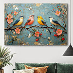 Tableaux Groupe d'oiseaux sur une branche avec des fleurs
