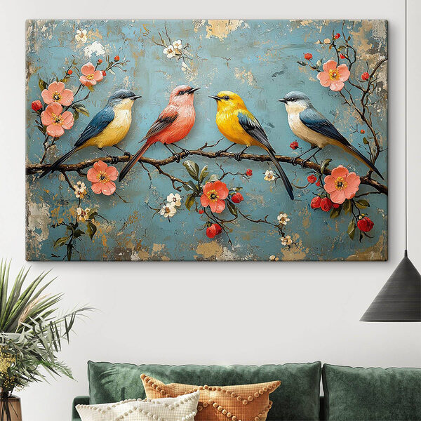 Groupe d'oiseaux sur une branche avec des fleurs Tableaux Groupe d'oiseaux sur une branche avec des fleurs