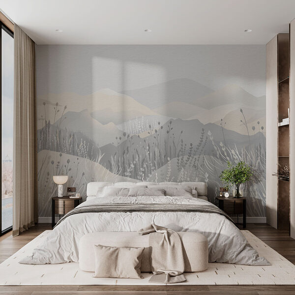 Peinture d'un paysage avec des montagnes et de l'herbe Papier peint Peinture d'un paysage avec des montagnes et de l'herbe