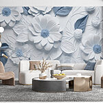 Papier peint Fleurs et feuilles blanches et bleues